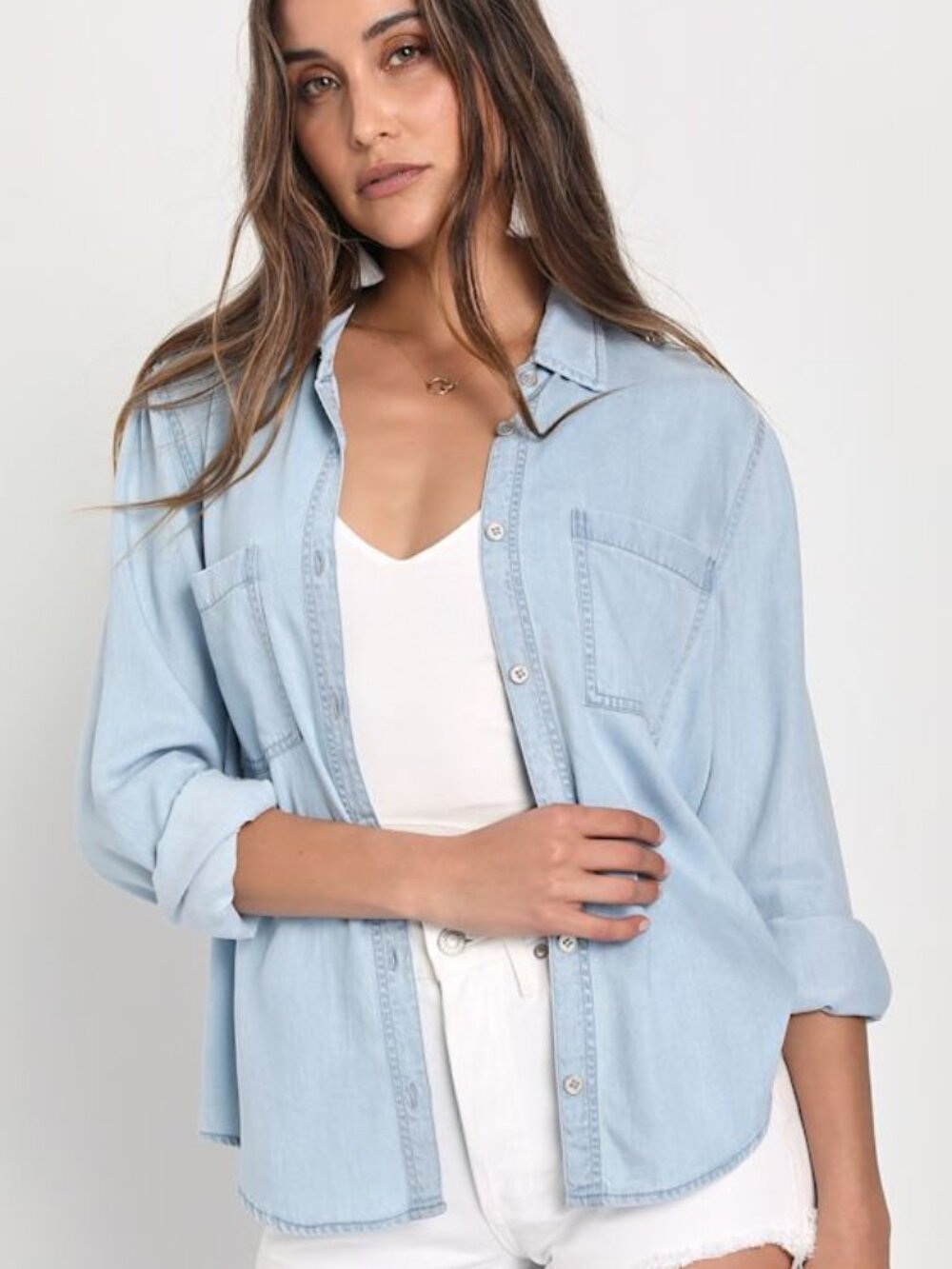 Lulus Daily Vibe Light Blue Chambray Long Sleeve Button-up Top - Size S
